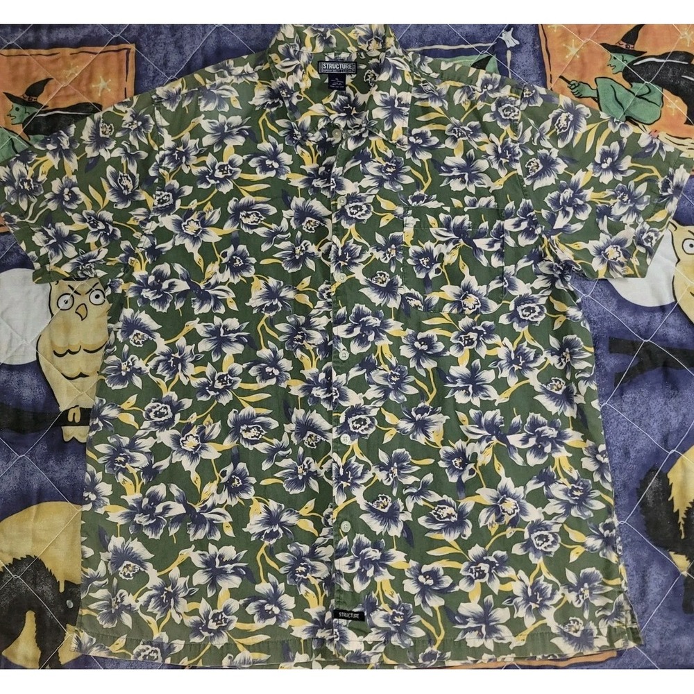 Vintage Structure Hawaiian Shirt Men's Size XL‎ Camp Shirt Green Floral Cotton